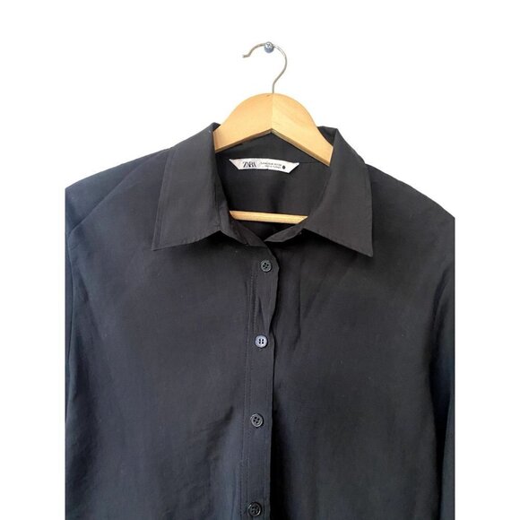 Zara Button Front Button Down Size M Long Sleeve Black Minimalist Top - Picture 2 of 8